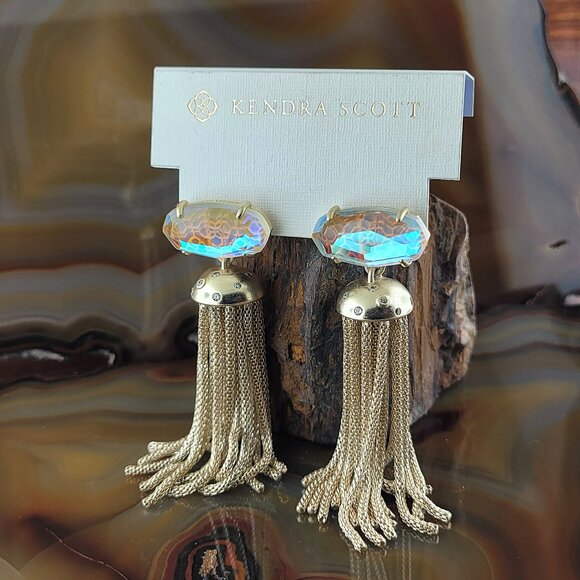 New Kendra Scott Freya Gold Tassel Statement Earrings Dichroic Glass - Picture 2 of 6